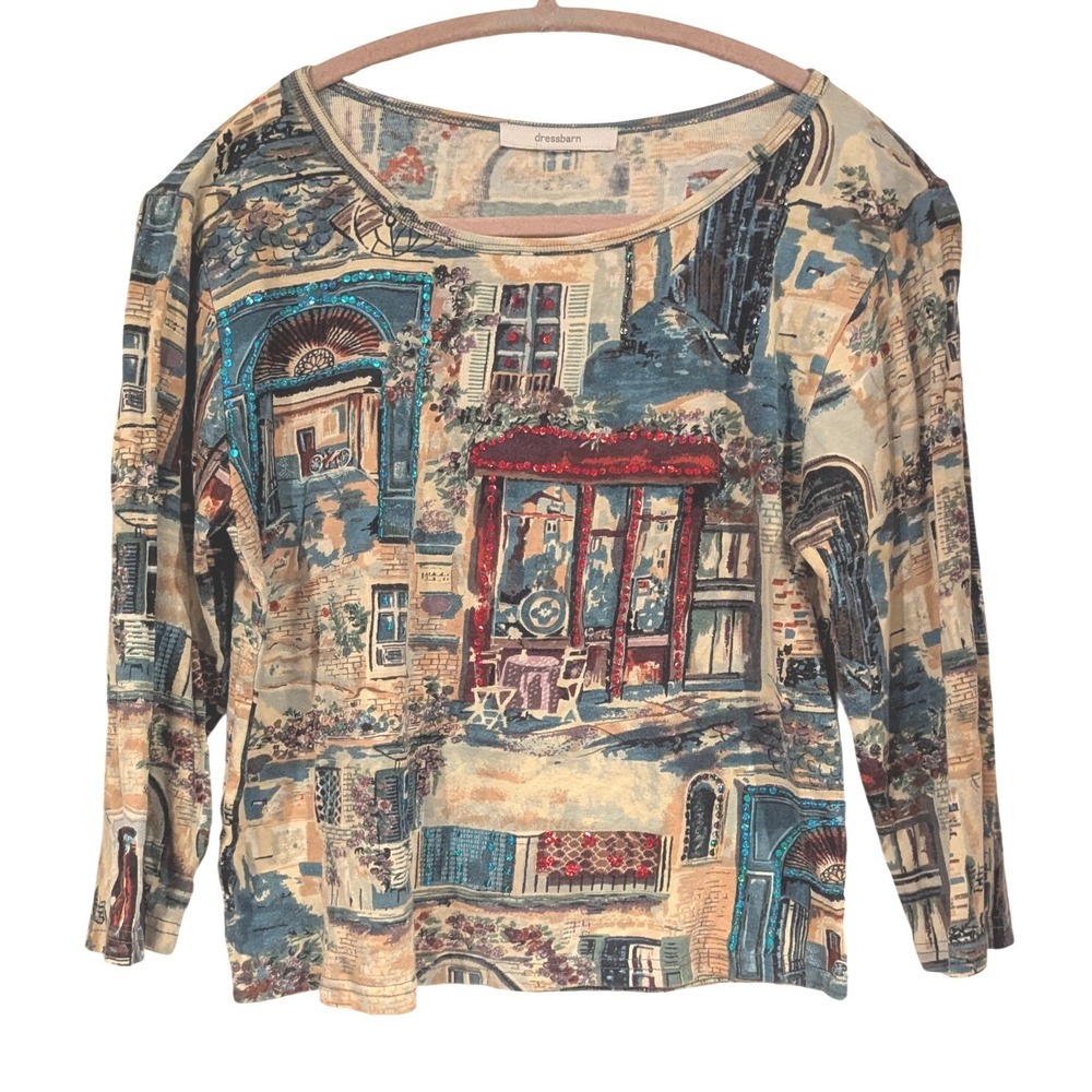 Dressbarn Womens 3/4 Sleeve Sequin Embellished Scenic Cafe Print‎ Top Multicolor